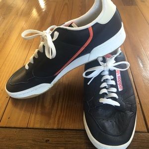 Adidas Navy leather sneakers with salmon and orange accents 👟